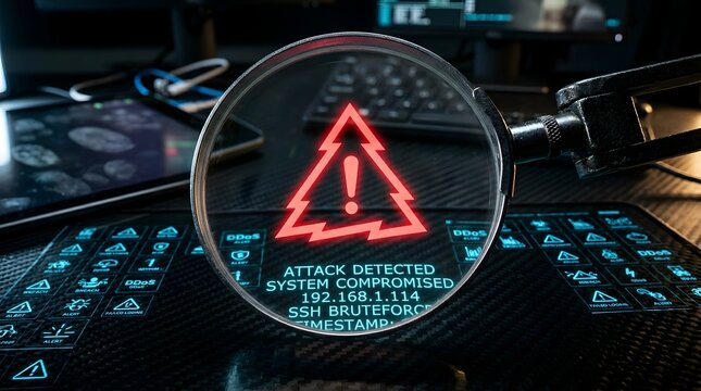 Digital alert magnified Critical system compromise from a brute-force attack, urgent cybersecurity threat detected, requiring immediate investigation