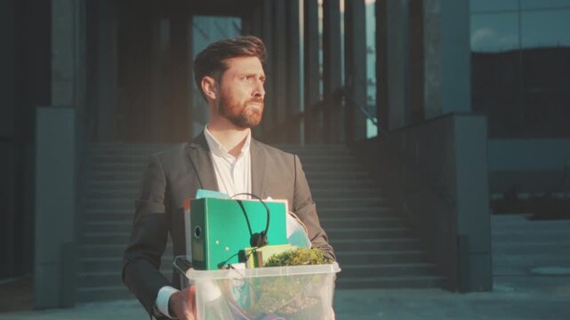 Executive leaves scene holding essential documents, Individual with plant and files moves towards fresh start