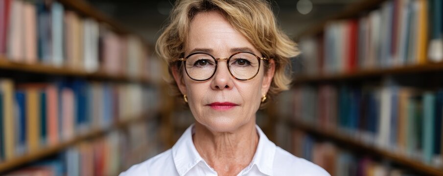 Mature Woman With Glasses in Library Against Blurred Bookshelves Representing Lifelong Learning Intellectual Confidence and Active Aging