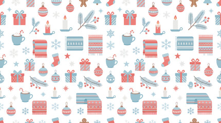 Fototapeta premium Christmas seamless pattern with gifts, ornaments, scarves, and hot chocolate