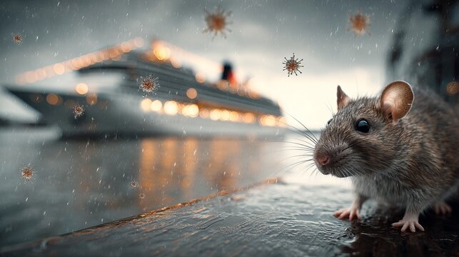 A mouse stands on a dock with a cruise ship in the background during a rainy day with virus particles in the air