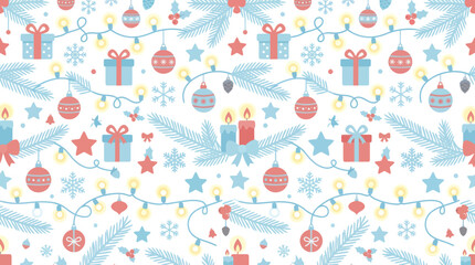 Obraz premium Festive Christmas Holiday Flat Vector Seamless Pattern with Decorations, Gifts, Lights, Ornaments Snowflakes