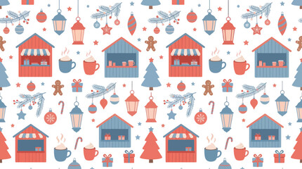 Fototapeta premium Flat Vector Christmas Market Seamless Pattern Illustration with Stalls, Trees, Lanterns, and Holiday Treats