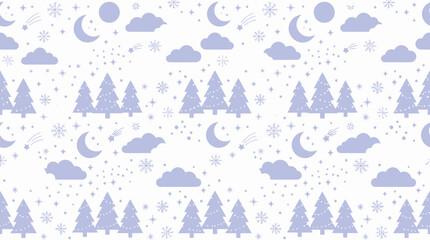 Obraz premium Cute Flat Style Winter Holiday Seamless Pattern with Christmas Trees, Snowflakes, Moons, and Stars