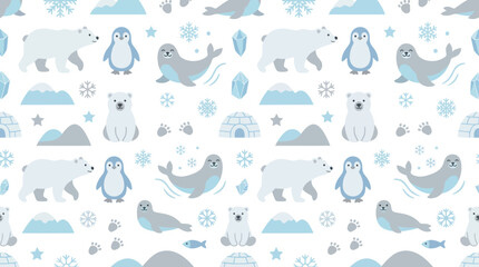 Fototapeta premium Cute Arctic Animals Seamless Pattern - Polar Bears, Penguins, Seals, Flat Style