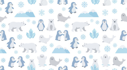 Fototapeta premium Cute Arctic Animals Seamless Pattern with Penguins and Polar Bears, Flat Design