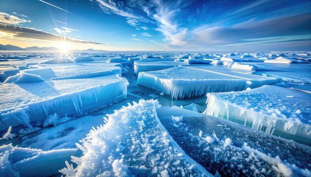 Sunlight glints off fractured ice floes under a vibrant blue sky.