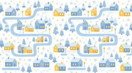 Fototapeta premium Cozy Winter Village Seamless Pattern: Blue Houses, Yellow Homes, Snowy Trees, Path