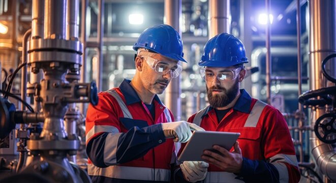 Two Industrial Engineers Collaborating on a Digital Tablet Inside a Manufacturing Facility.