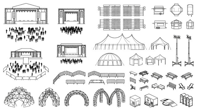 Event Venue Line Collection with Stage Tents Crowd Layouts and Festival Structures