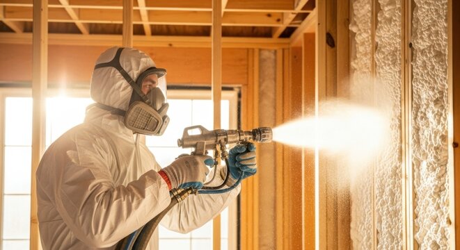 Professional worker applying spray foam insulation to residential building wall.