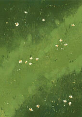 Top view artistic oil painting of green grass field with scattered small white flowers © biscuit