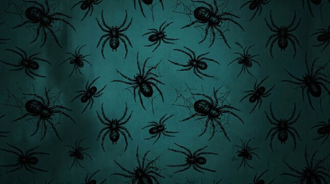 Spooky dark teal background pattern with a repeating design of black vintage style spiders and webs