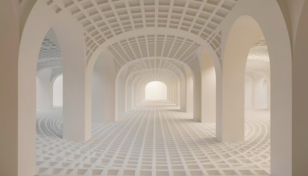 白い空間の優雅なアーチと格子模様の通路