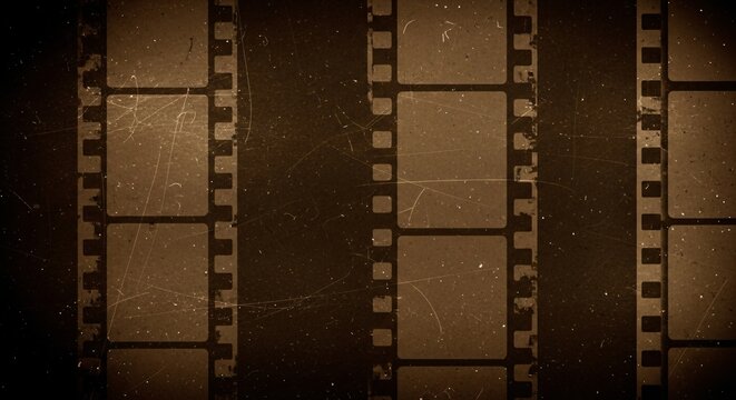 Vintage film strip with scratches and dust retro cinema reel sepia tone abstract background