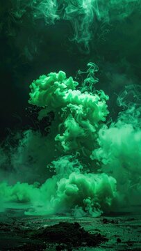 Green ink cloud exploding against a dark background with textured foreground.