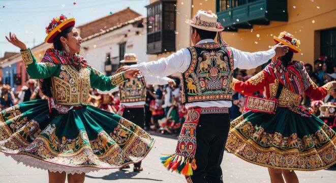 Traditional Andean dancers performing vibrant cultural folk dance in Peru street