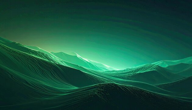 Emerald waves of light crest over undulating, starry dunes under a gradient sky.