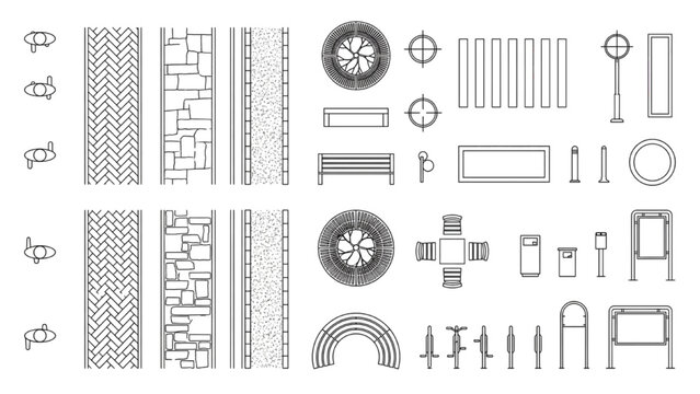 Urban Streetscape Border and Public Furniture Symbols for Architectural Landscape Site Plans
