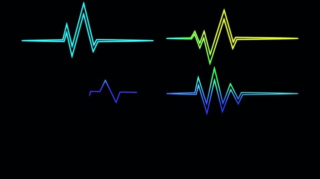 Heartbeat pulse trace with multiple colorful lines animation. EKG cardiogram waves showing health on black background. electrocardiogram test with gradient colors.