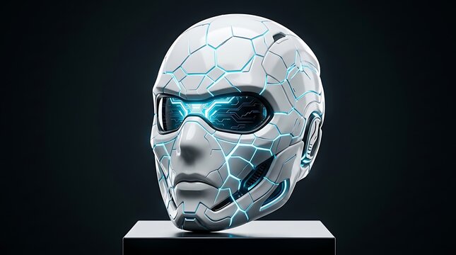 A futuristic robotic head with glowing blue circuits on a black pedestal against a dark background with a metallic sheen and geometric patterns