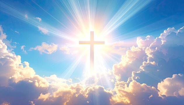 A luminous cross shines brightly in the sky amidst clouds and sunbeams.