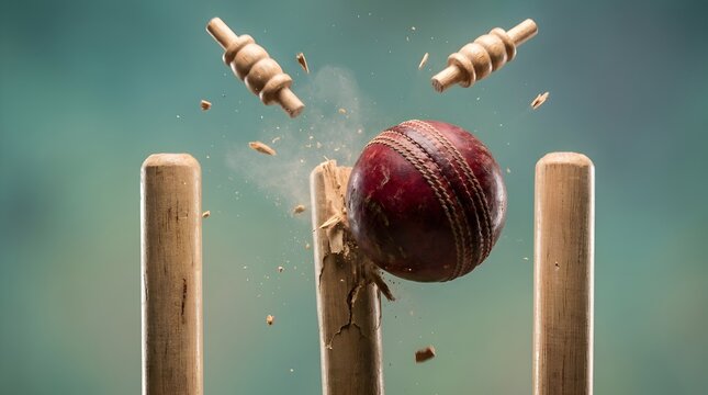 A high speed action photograph showing a cricket ball smashing into wooden stumps and knocking off the heavy bails flying