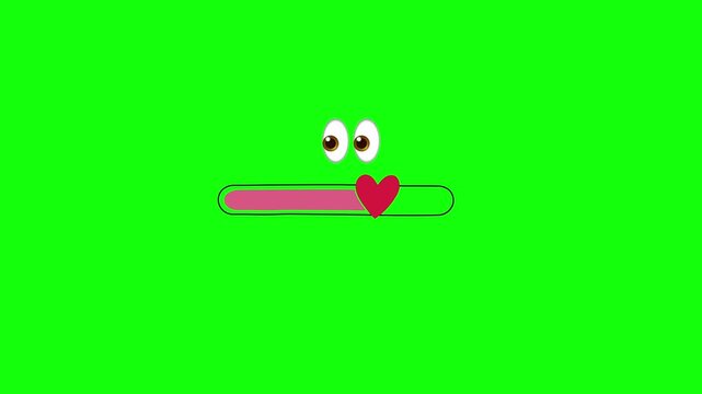 Animated loading bar with heart icon and cartoon eyes on green screen background