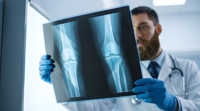 Focused bearded doctor holds a medical x-ray of human knees to examine patient injuries in this professional clinical studio photo