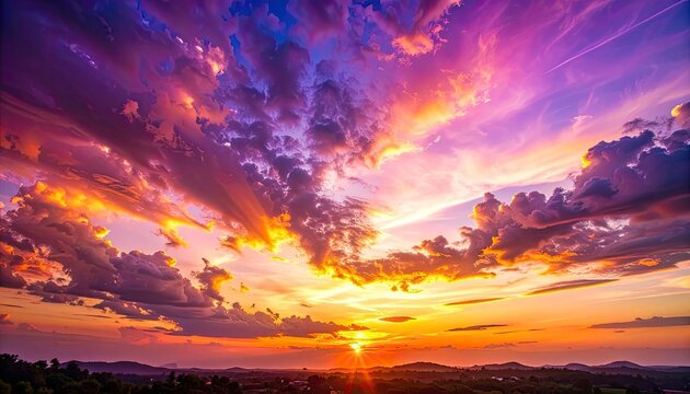 Vibrant sunset paints the sky with fiery hues and dramatic clouds.