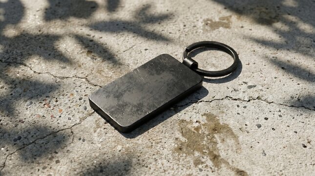 Blank black metal keychain mockup on concrete floor with leaf shadows, rectangular metallic key ring template for branding presentation, high angle view