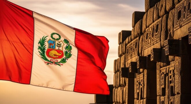 Waving national flag of Peru against ancient Incan stone wall at sunset