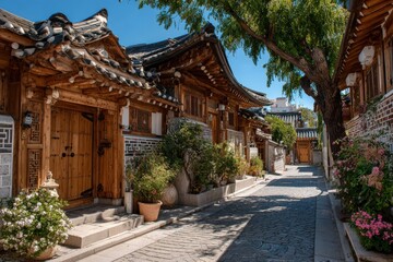 Obraz premium Traditional Korean Hanok houses lining a cobblestone street in Bukchon Hanok Village, with vibrant flowers and trees enhancing the scenic view