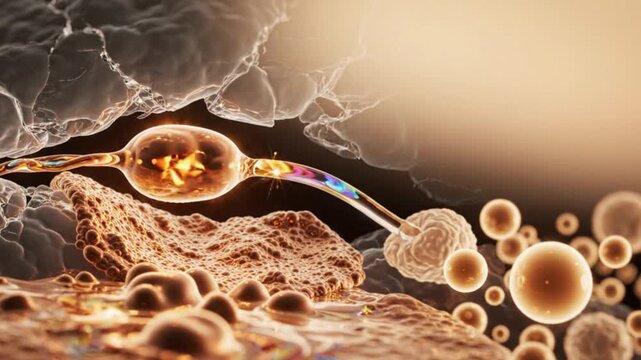 Microscopic visualization of the body healing itself as glowing neural energy and cellular regeneration repair tissue in high-end medical animation