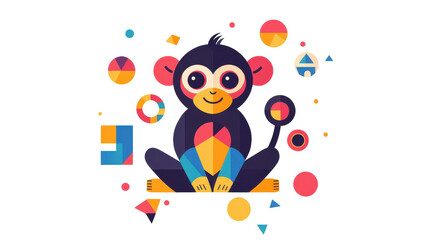 Obraz premium Adorable Cartoon Monkey Sitting Cross-Legged with Colorful Geometric Shapes Surrounding It