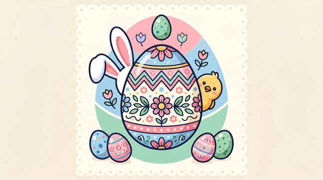 Vibrant Flat Vector Easter Festival Emblem with Decorated Eggs and Bunny on Egg-Shaped Backdrop