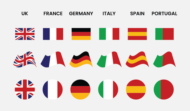 European flags icon set. United Kingdom, France, Germany, Italy, Spain and Portugal flags symbol. Includes national flags of Europe. Patriotic badge collection 