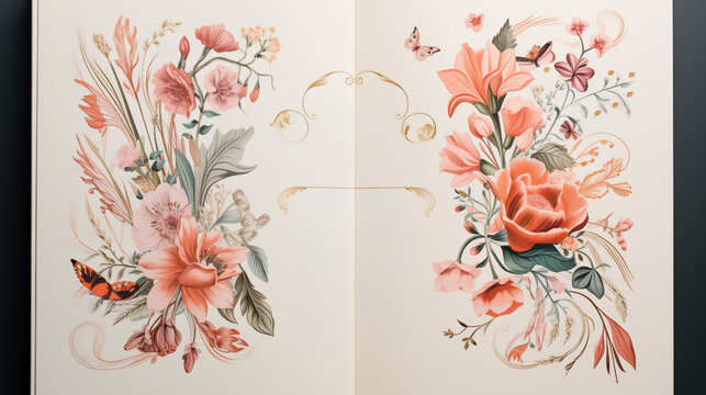 Elegant artistic botanical floral background with soft pink flowers, butterflies, and golden curls, perfect for romantic wedding invitation program template or greeting card design layout.