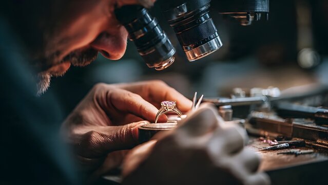 Close up profile of an experienced jeweler meticulously crafting a beautiful pink gemstone gold ring under the lens of a professional magnifying microscope tool setup.