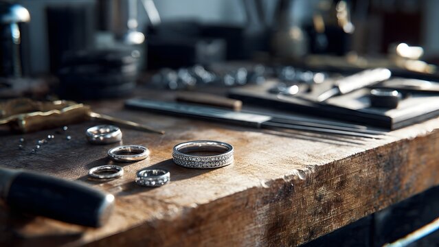 A detailed macro shot of unfinished silver diamond wedding rings and professional crafting tools placed on a rustic wooden workbench inside an artisan jewelry workshop.
