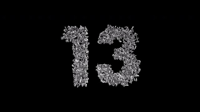 Number 13 Formed by Small Digits Animation with Alpha Channel. Typographic Number Formation Effect. Digital Number Made of Numbers. 3D Font Typographic Animation. Transparent BG