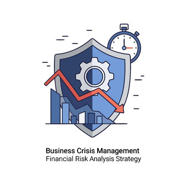 A graphic showing financial decline with a shield, gear and a stopwatch on white background