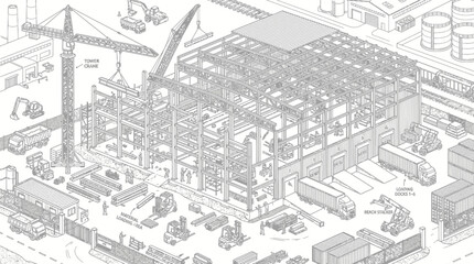 Fototapeta premium Construction workers build large industrial factory with crane and trucks on site