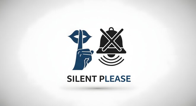 Silent Please Sign with Shushing Finger and Muted Bell Icon.
