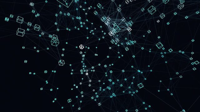 Flawless seamless loop of abstract vector field. Generated via code. 4K Apple ProRes 422HQ 30fps. Dark cyber-block background featuring pulsing clusters and quantum cold colors. Includes copy space.