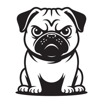 Angry pug dog sitting portrait black and white illustration