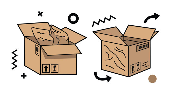Damaged Fragile Package Shipping Box Illustration, Broken Delivery Parcel Symbol, Logistics Handling Warning And Cargo Safety Vector Design.