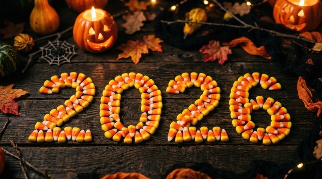 Candy corn 2026 on dark wood with jack o lantern and autumn leaves. Halloween greeting concept.