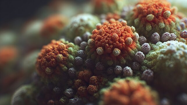 A microscopic view of a cluster of colorful, spherical cells or microorganisms with varying textures and sizes.