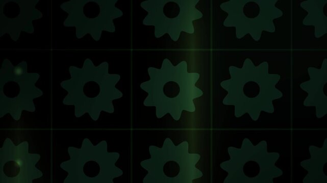 Green gear icons in a grid pattern with light flares moving across an abstract dark background for industrial concepts.